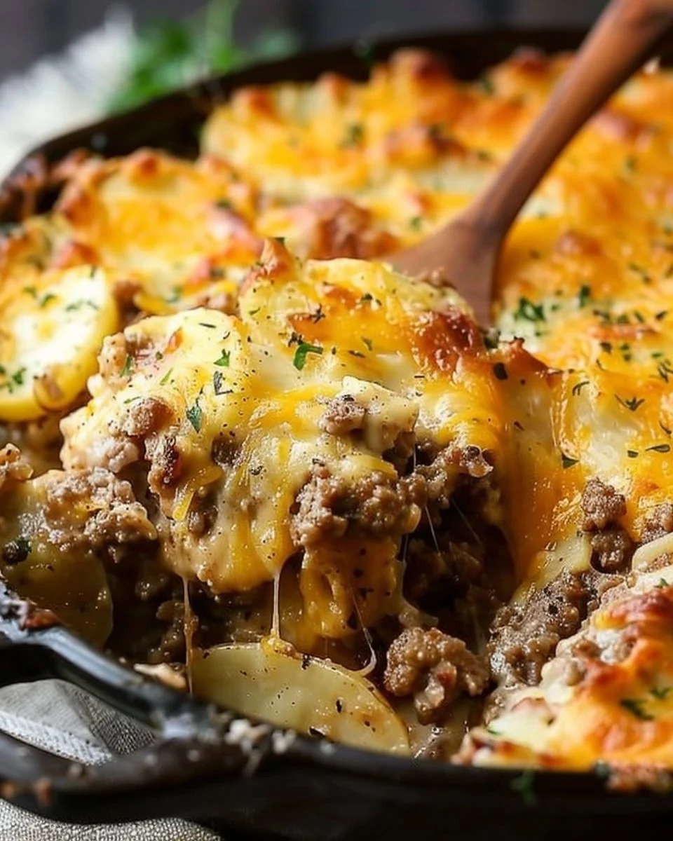 Delicious Potato Hamburger Casserole served in a baking dish