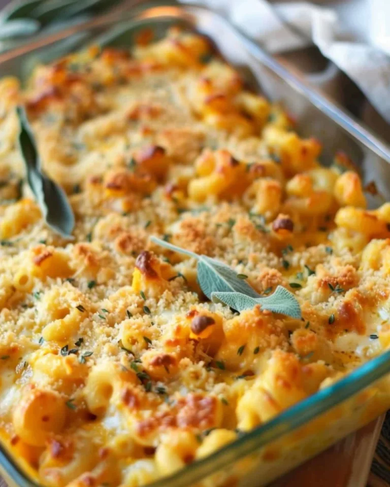 Creamy pumpkin sage baked macaroni and cheese in a dish, garnished with herbs.