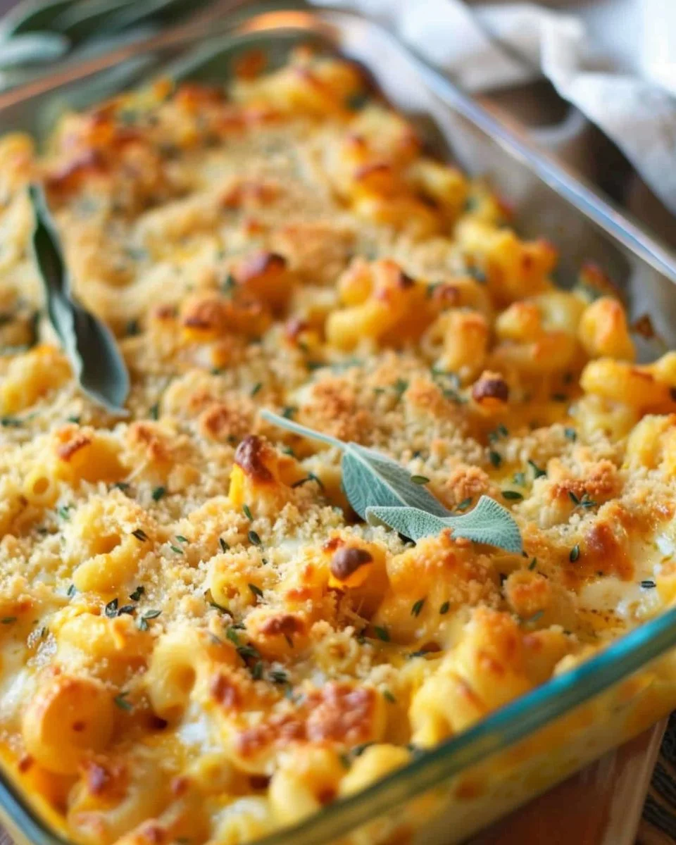 Creamy pumpkin sage baked macaroni and cheese in a dish, garnished with herbs.