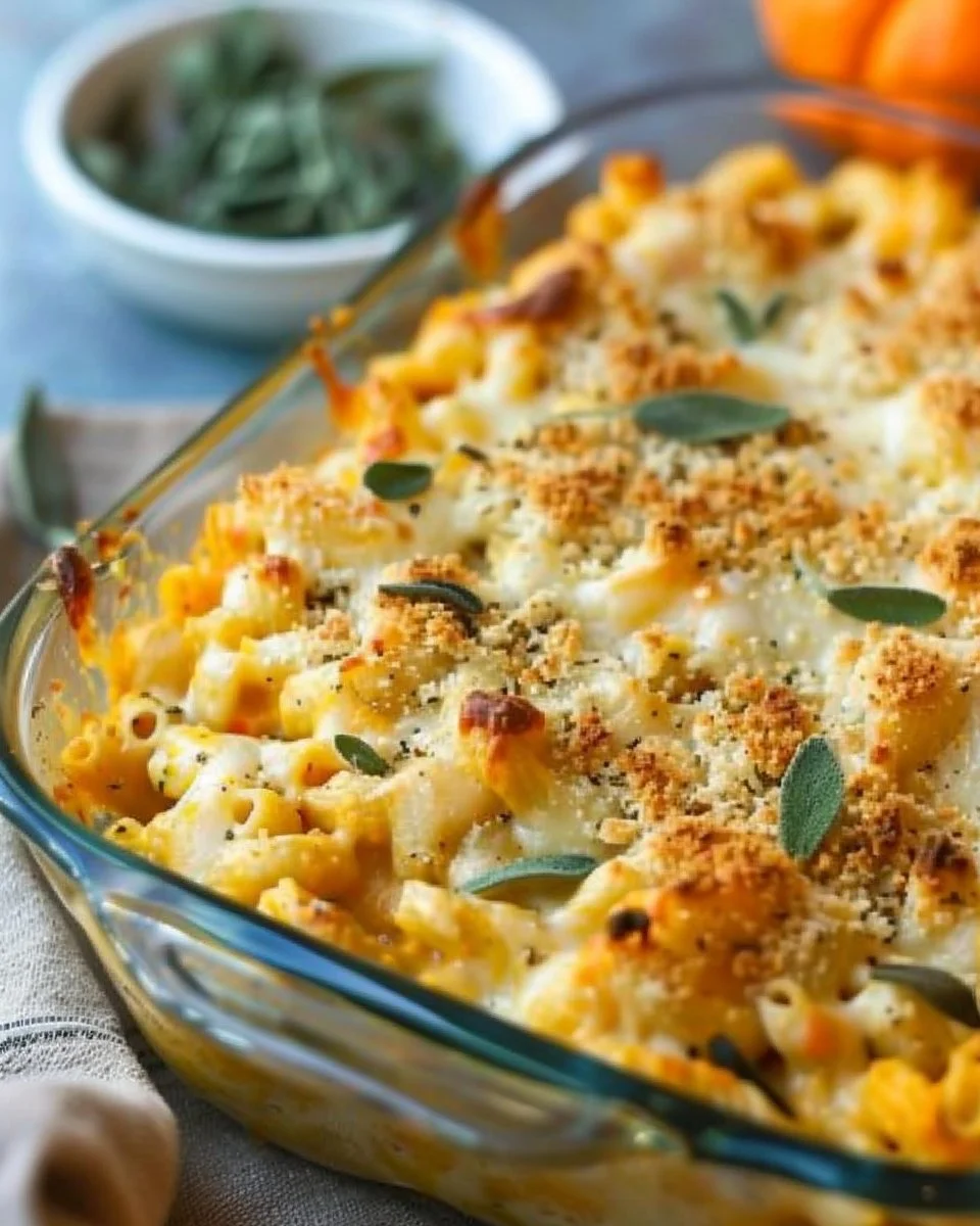 Delicious Pumpkin & Sage Baked Macaroni | Baked mac and cheese with pumpkin, Pumpkin mac and cheese casserole, Pumpkin recipes