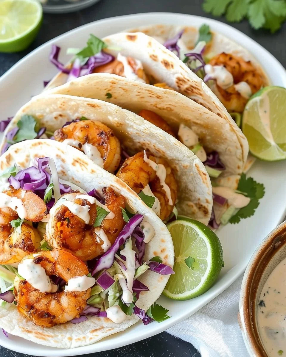 Quick and easy shrimp tacos with lime crema slaw served on a plate