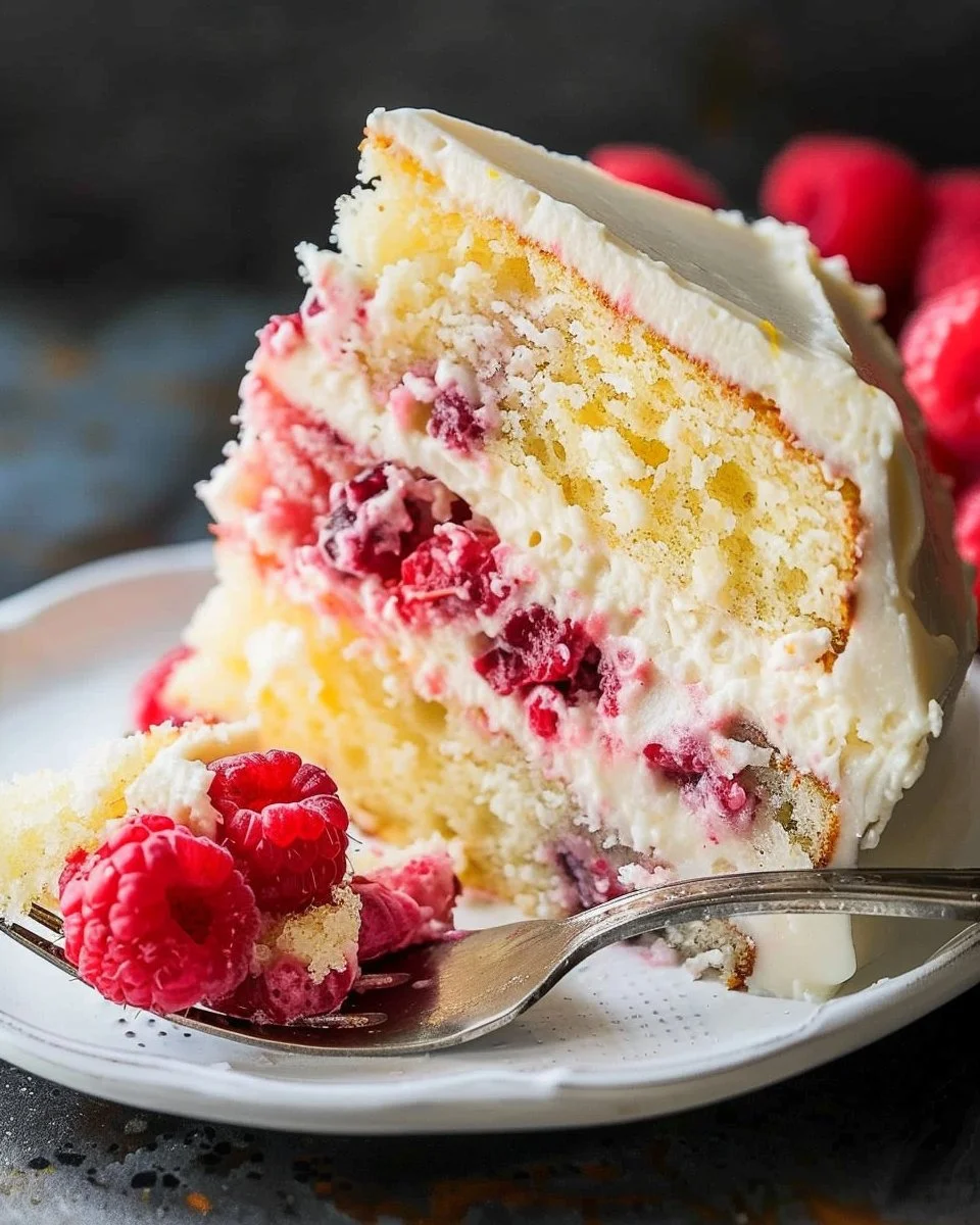 A beautifully decorated Raspberry Lemon Cake with fresh raspberries on top.