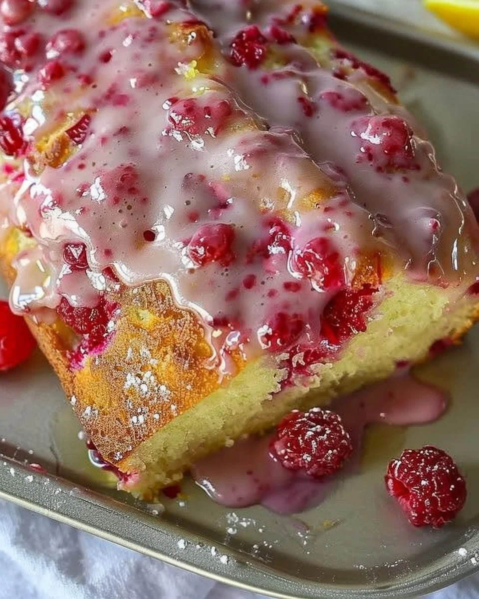 Delicious Raspberry Lemon Loaf with vibrant raspberries and zesty lemon glaze