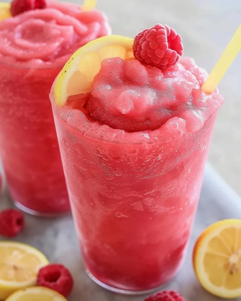 Delicious Raspberry Lemonade Slush in a glass with raspberries and lemon slices.