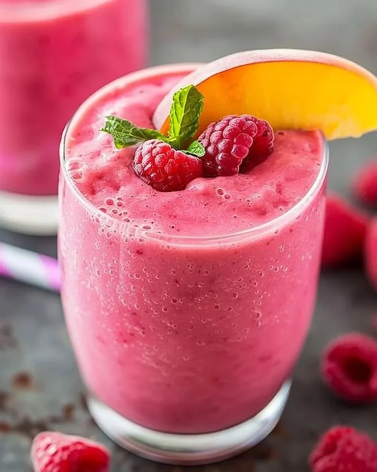 Delicious raspberry peach smoothie in a glass with fresh fruit around it