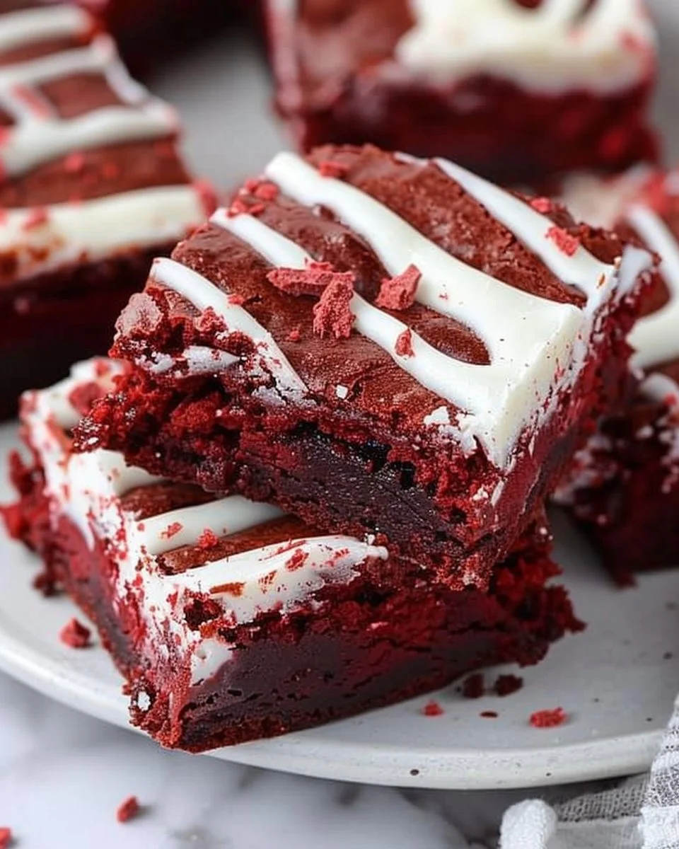 Delicious Red Velvet Brownies on a plate with cream cheese frosting
