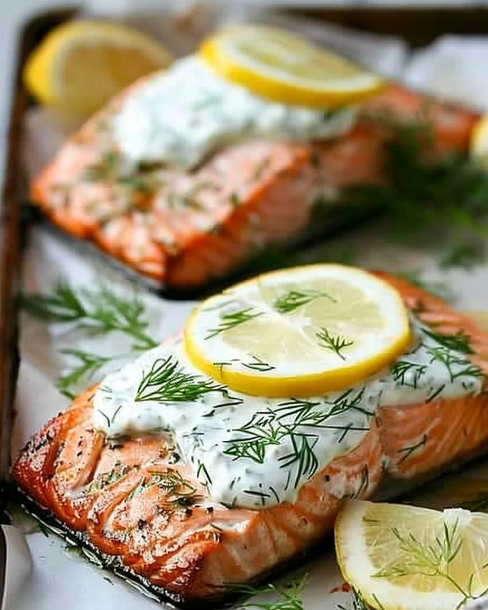 Delicious salmon fillet with creamy dill sauce garnished with herbs