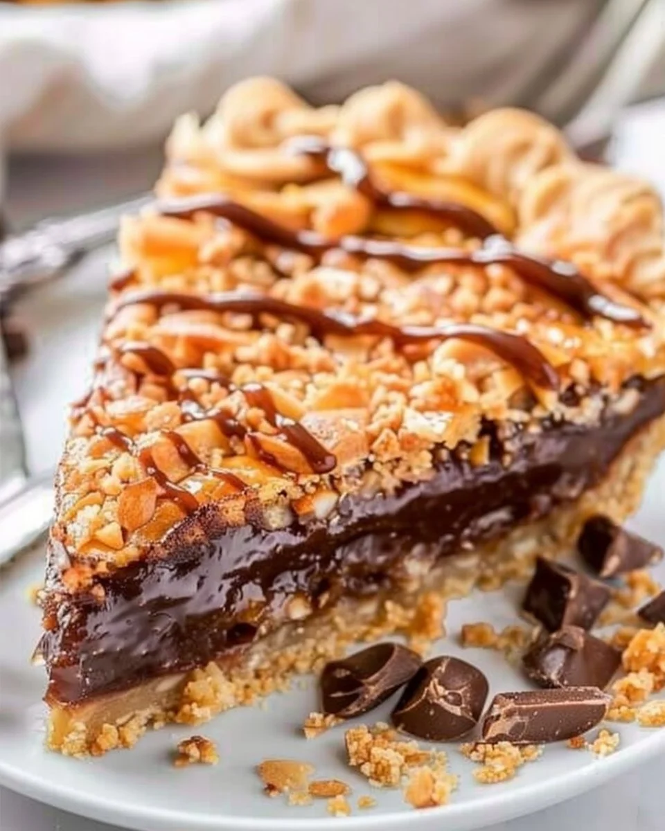 Delicious Samoa Pie with layers of coconut, caramel, and chocolate toppings