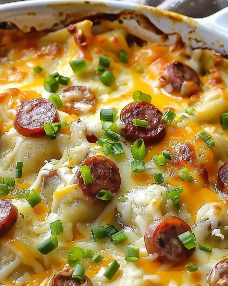 Sausage Pierogi Casserole topped with cheese and herbs