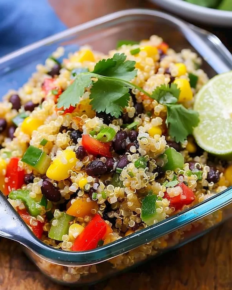 Colorful bowl of Southwest quinoa salad garnished with fresh vegetables