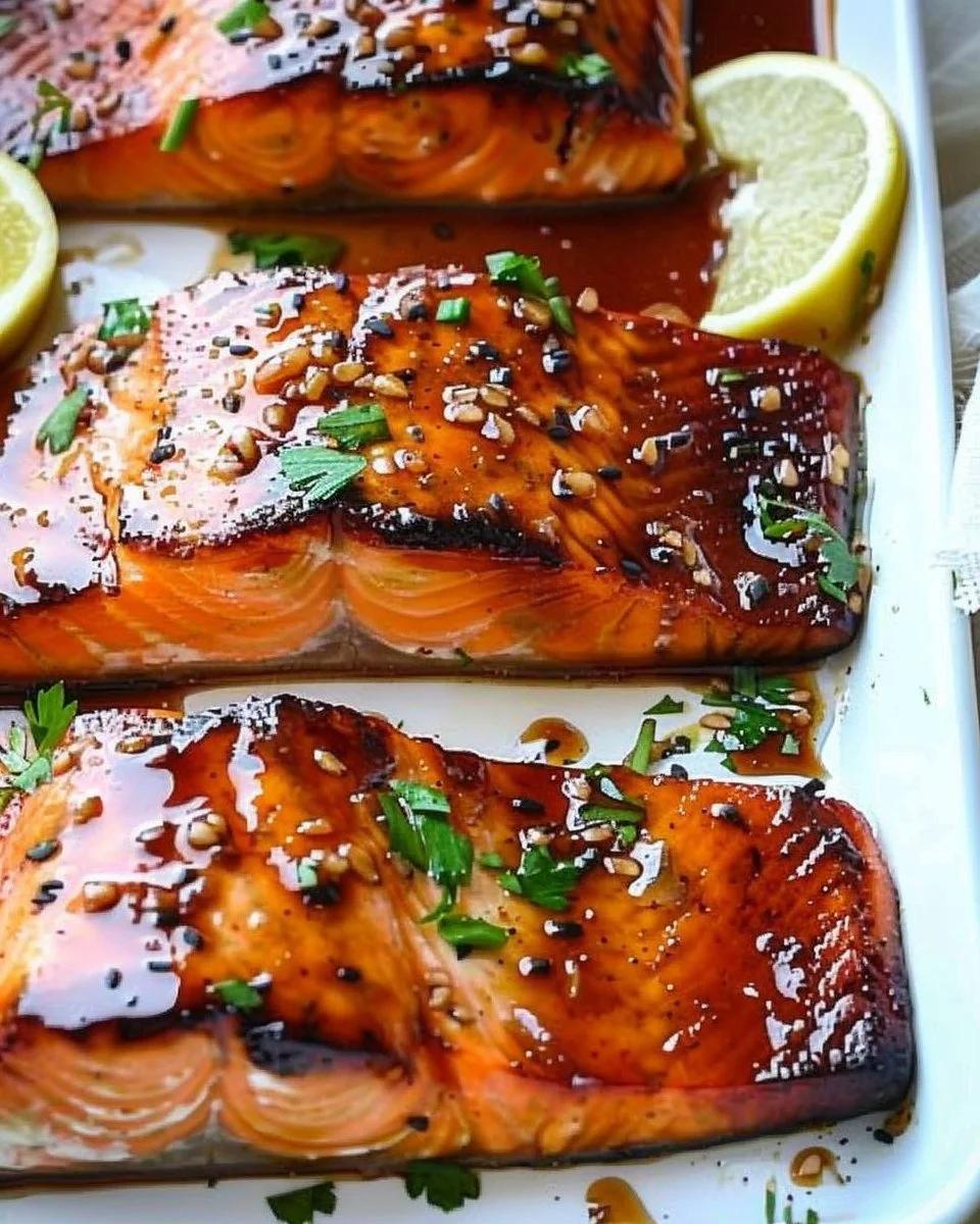Delicious soy glazed salmon fillet served with vegetables on a plate
