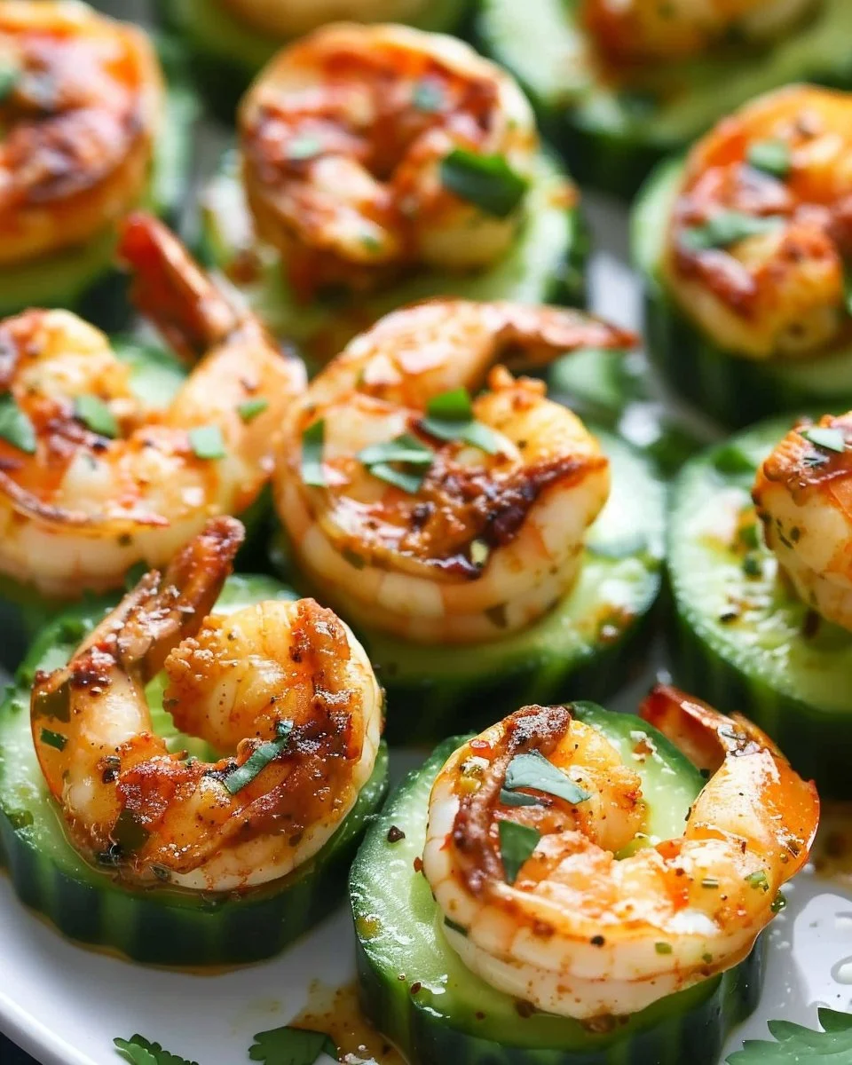Spicy Cajun shrimp cucumber bites appetizer on a platter.