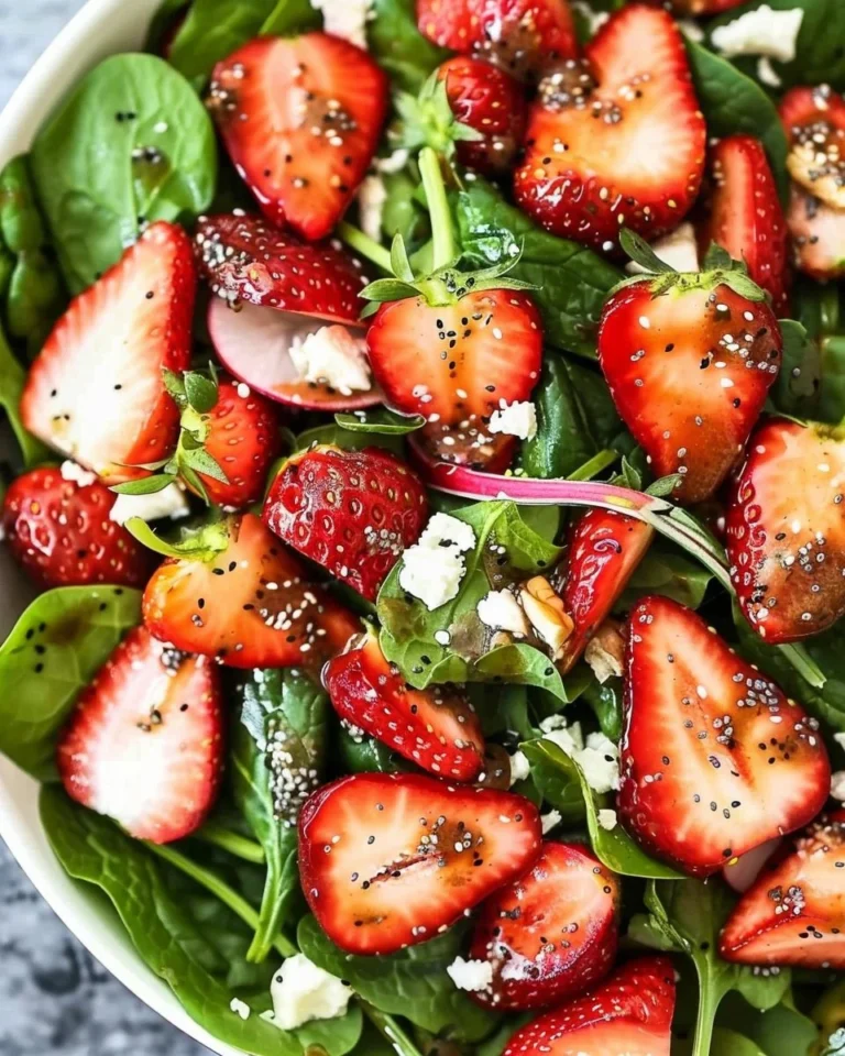 Spinach Strawberry Salad with Balsamic Poppyseed Dressing in a bowl