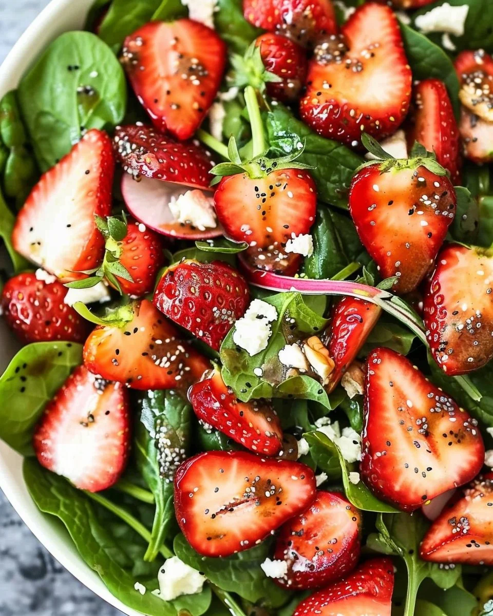 Spinach Strawberry Salad with Balsamic Poppyseed Dressing in a bowl