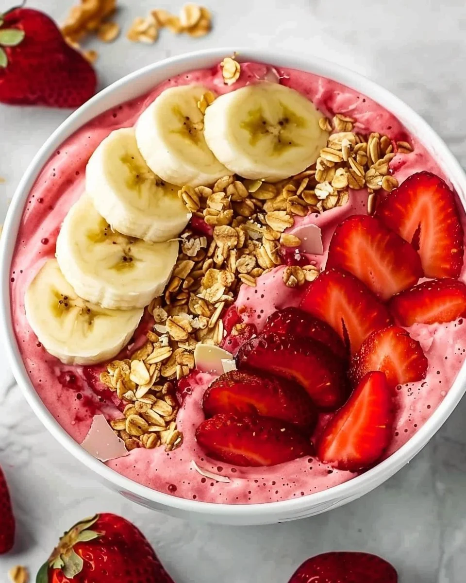 Strawberry banana smoothie bowl topped with fresh fruits and granola