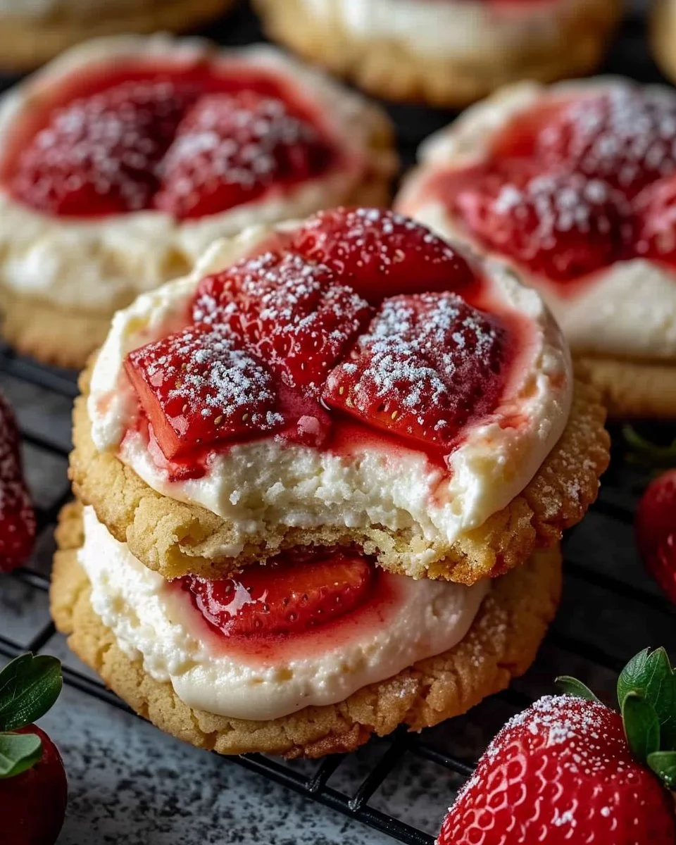 Plate of freshly baked strawberry cheesecake cookies with strawberries on the side.