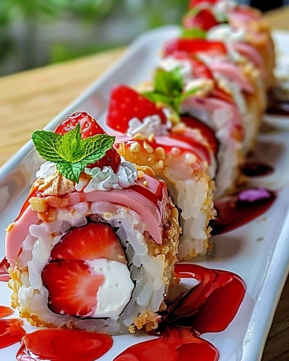 Delicious strawberry dessert roll up with fresh strawberries and cream