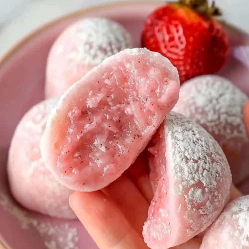 Homemade strawberry mochi on a plate, showcasing its delicate texture and vibrant color.