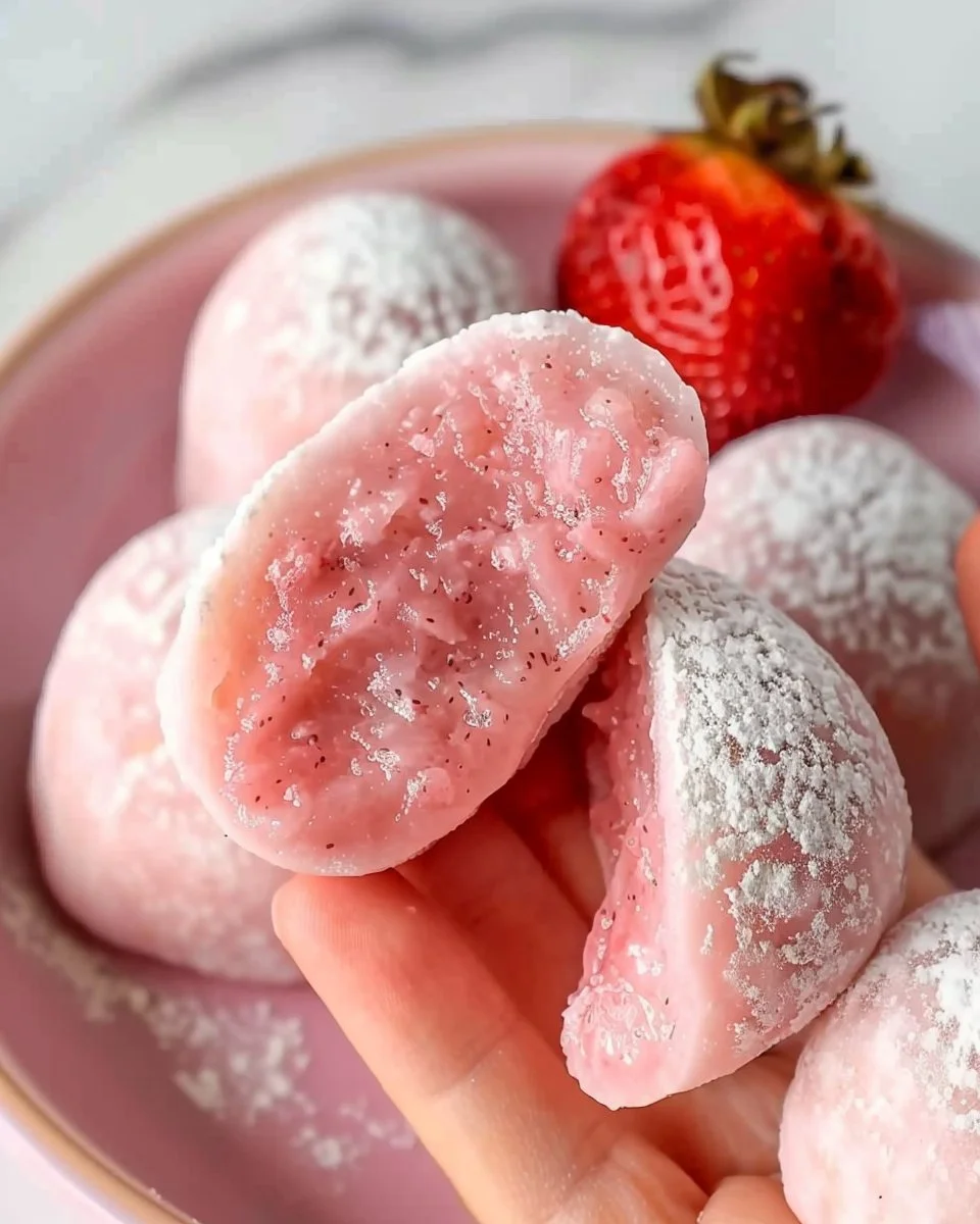 Homemade strawberry mochi on a plate, showcasing its delicate texture and vibrant color.