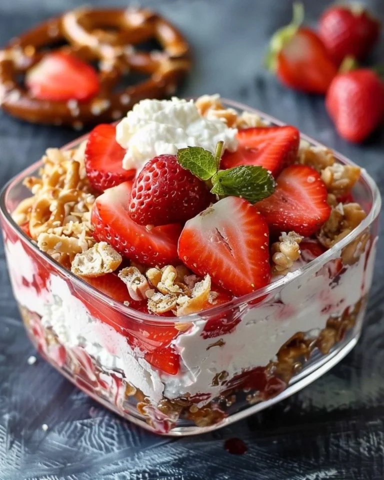 Delicious Strawberry Pretzel Salad with layers of strawberries and pretzels