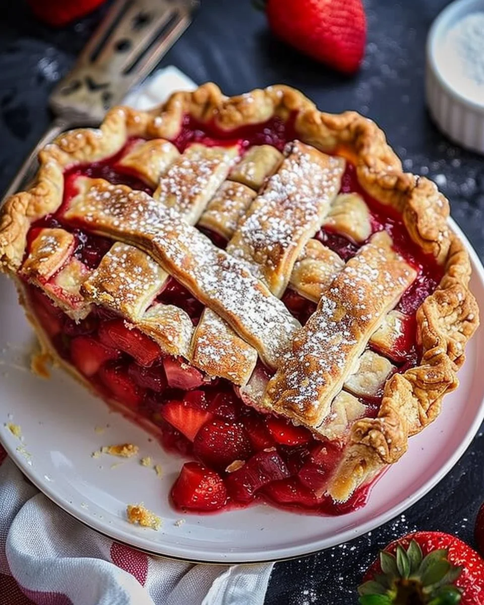 Freshly baked strawberry rhubarb pie with a golden crust and vibrant filling