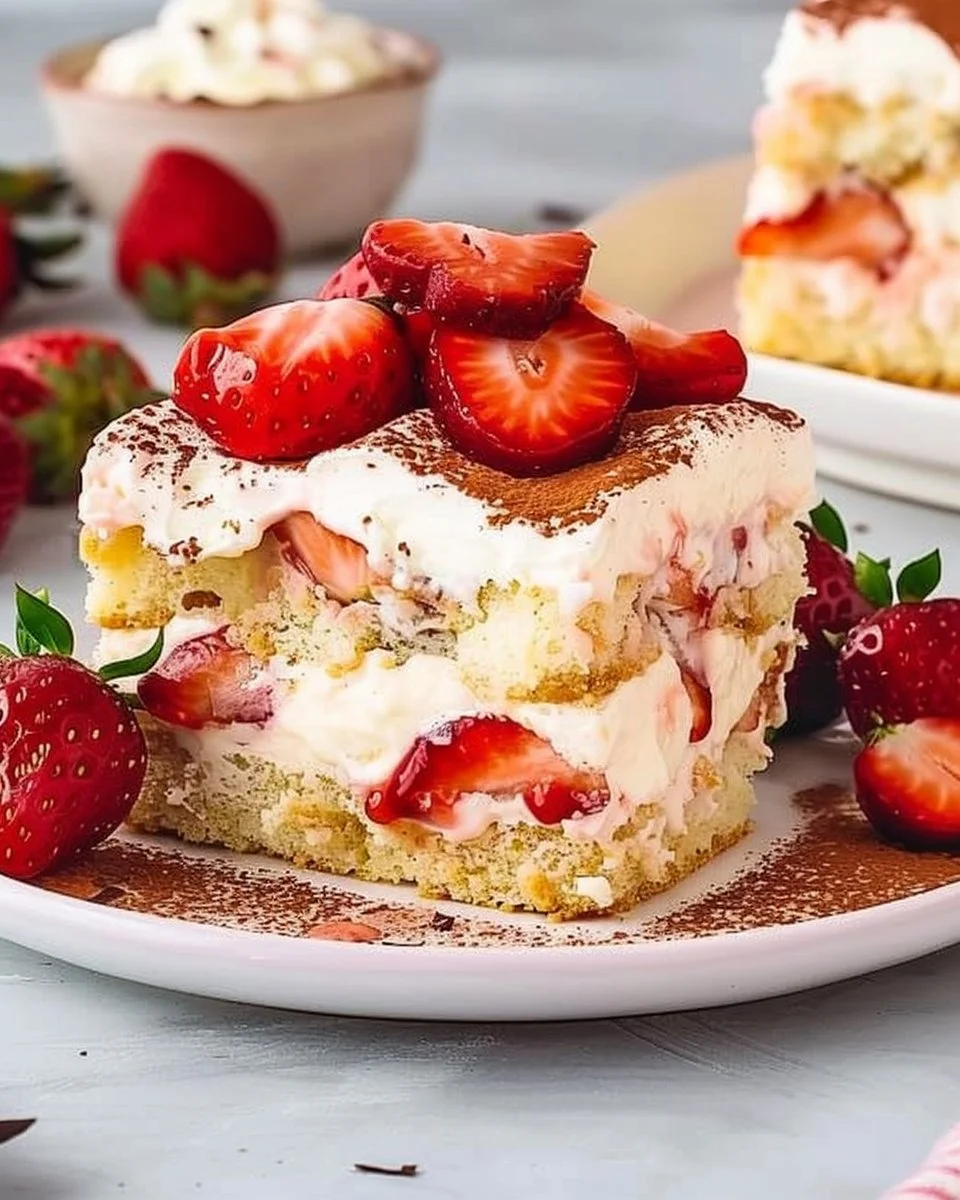 Delicious Strawberry Tiramisu served in a glass with fresh strawberries on top.