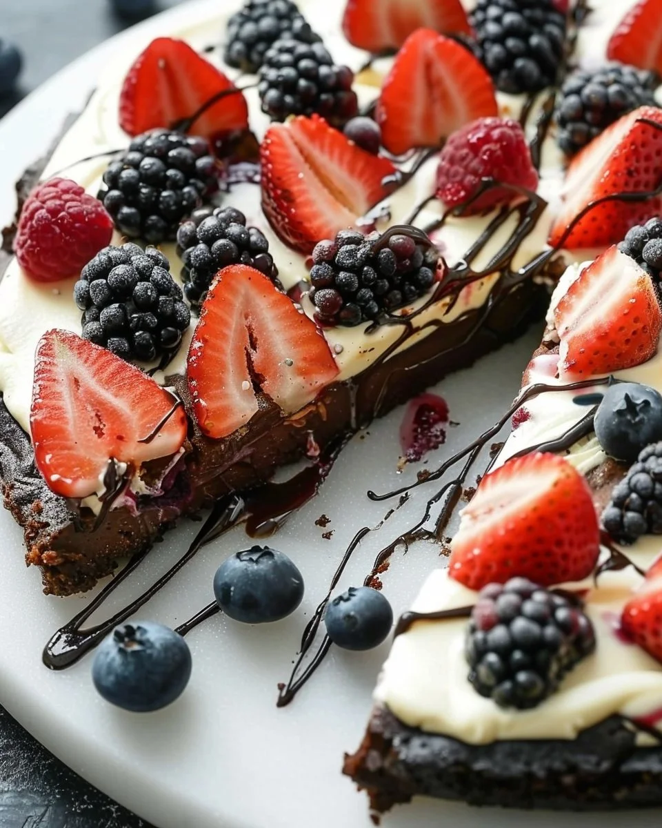 Summer Berry Brownie Pizza topped with fresh berries and chocolate drizzle