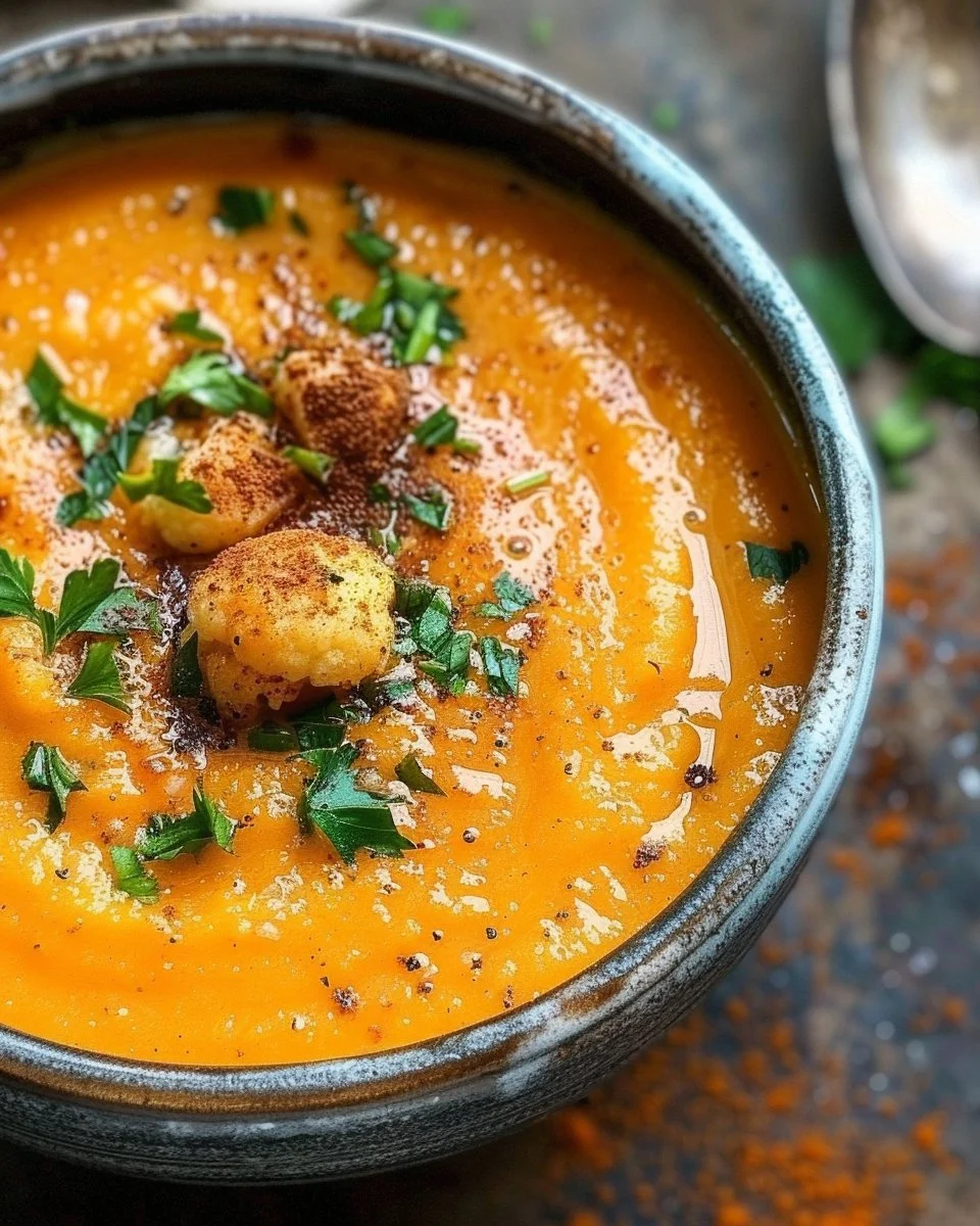 Bowl of creamy sweet potato cauliflower soup topped with herbs