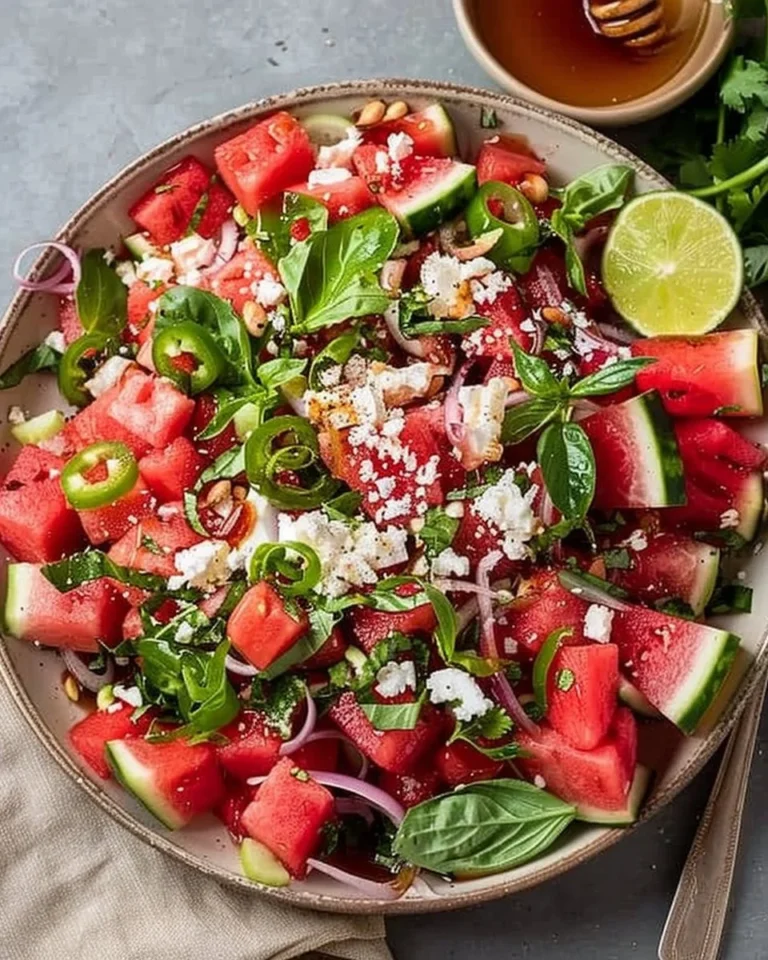 Delicious watermelon salad with spicy honey drizzled on top