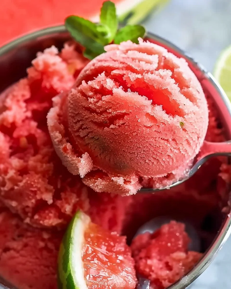 Bowl of refreshing watermelon sorbet garnished with mint leaves