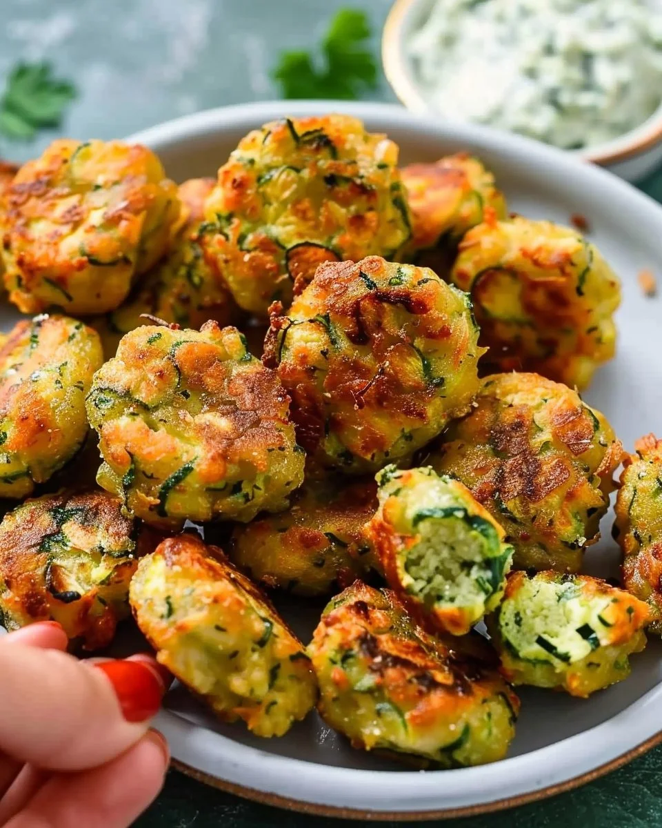 Crispy homemade Zucchini Tots served on a plate with dipping sauce