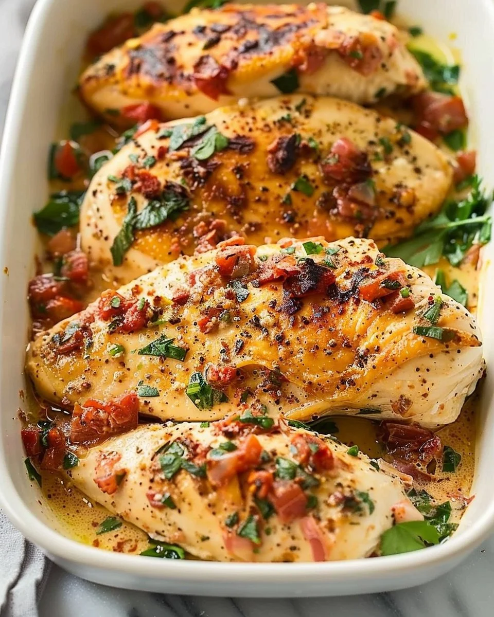 Baked Tuscan chicken breast garnished with herbs and served with vegetables