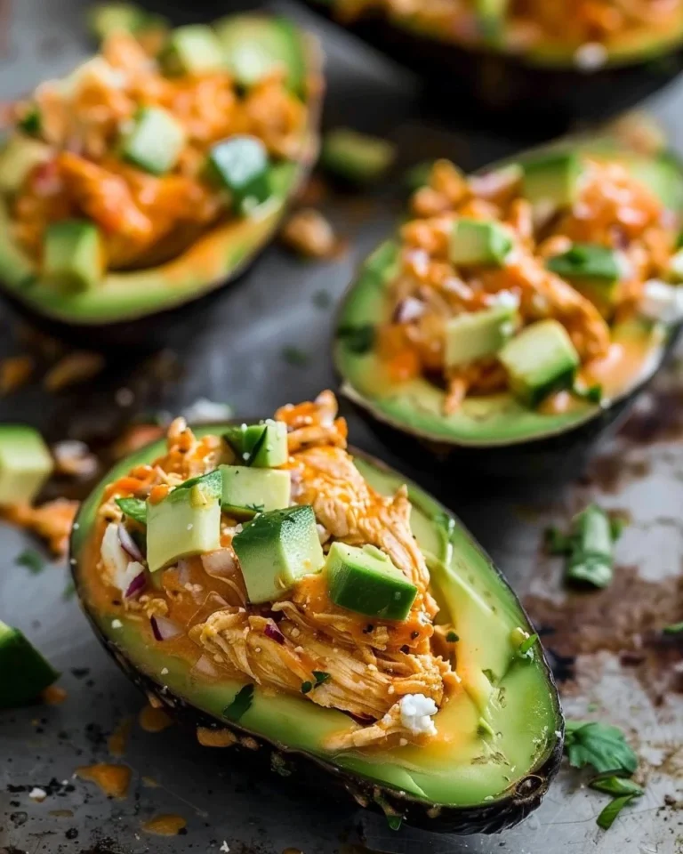 Buffalo Chicken stuffed avocados garnished with green onions