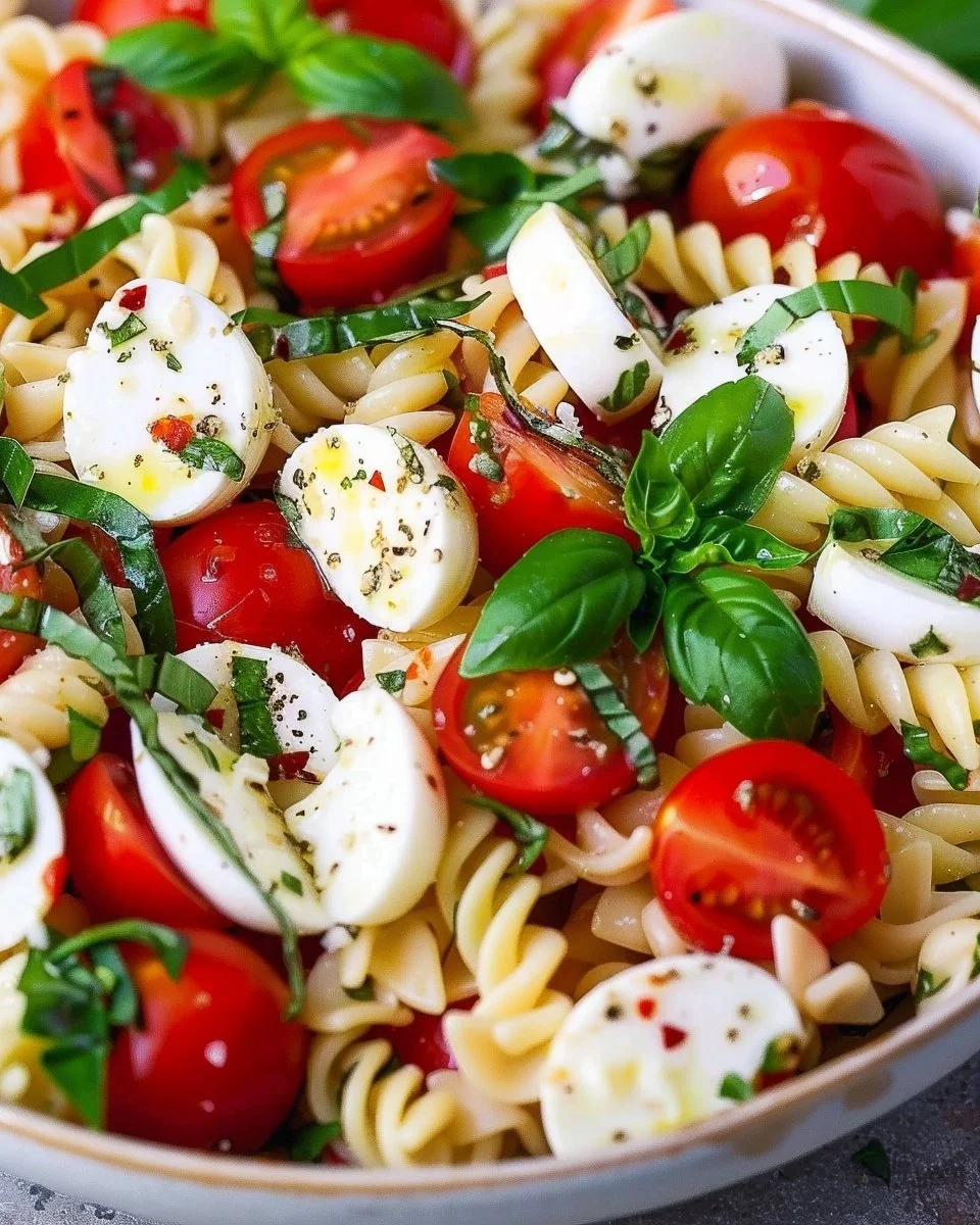 Delicious Caprese Pasta Salad with tomatoes, mozzarella, basil, and pasta.