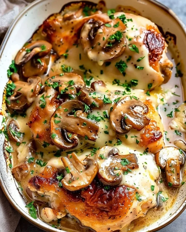 Delicious cheesy mushroom oven-baked chicken on a serving plate