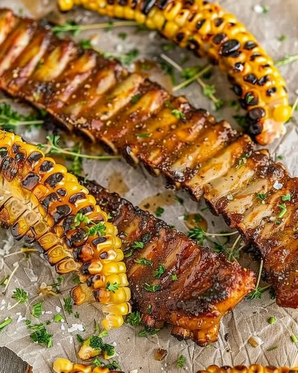 Grilled corn ribs served with seasoning and garnishes