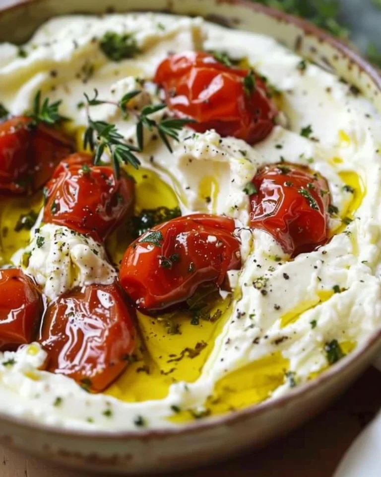 Creamy whipped feta dip served in a bowl with fresh herbs and crackers.