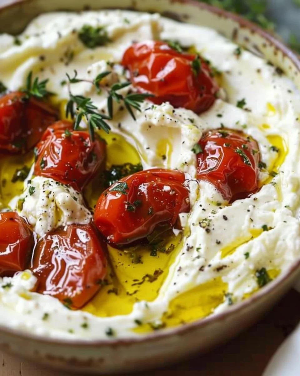 Creamy whipped feta dip served in a bowl with fresh herbs and crackers.