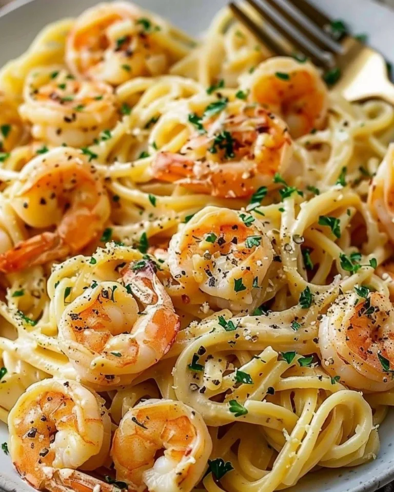 Delicious creamy garlic shrimp pasta served with herbs and Parmesan.