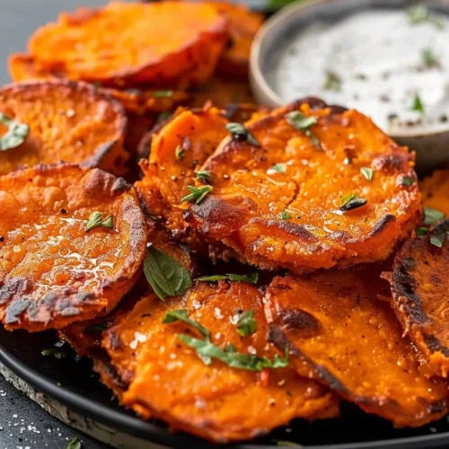 Crispy smashed sweet potatoes served on a plate, garnished with herbs.