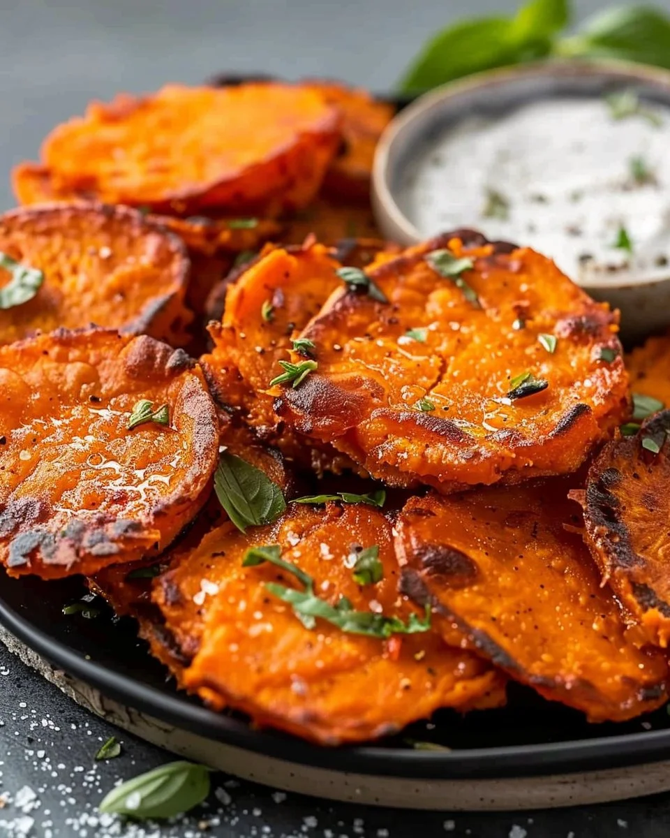 Crispy smashed sweet potatoes served on a plate, garnished with herbs.