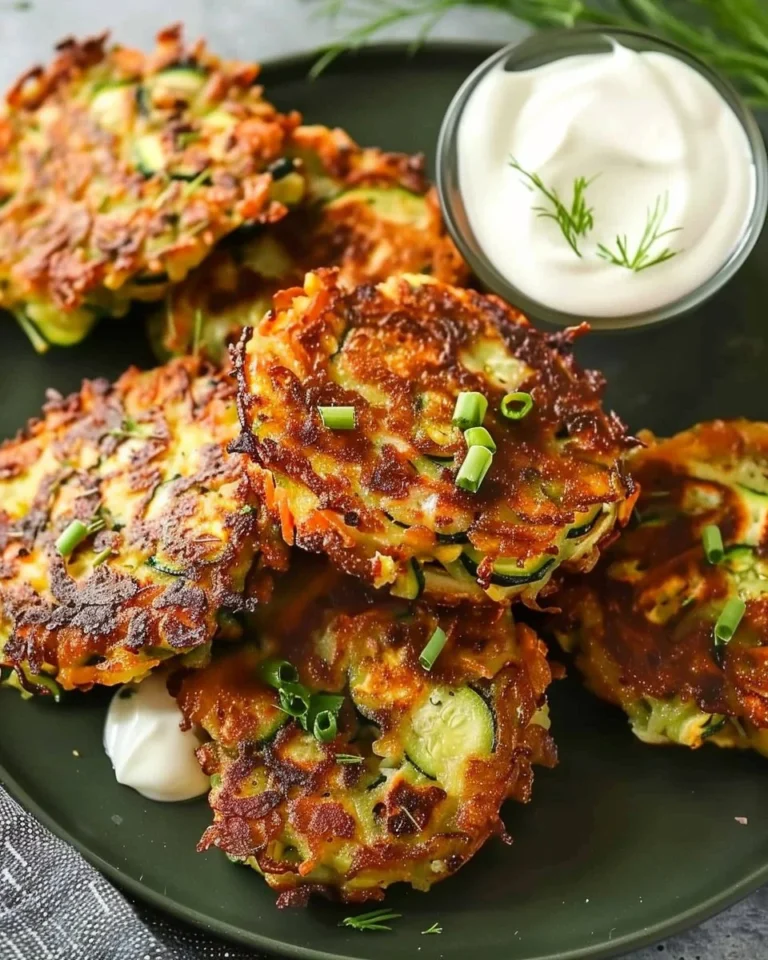 Plate of crispy zucchini fritters served with a dipping sauce