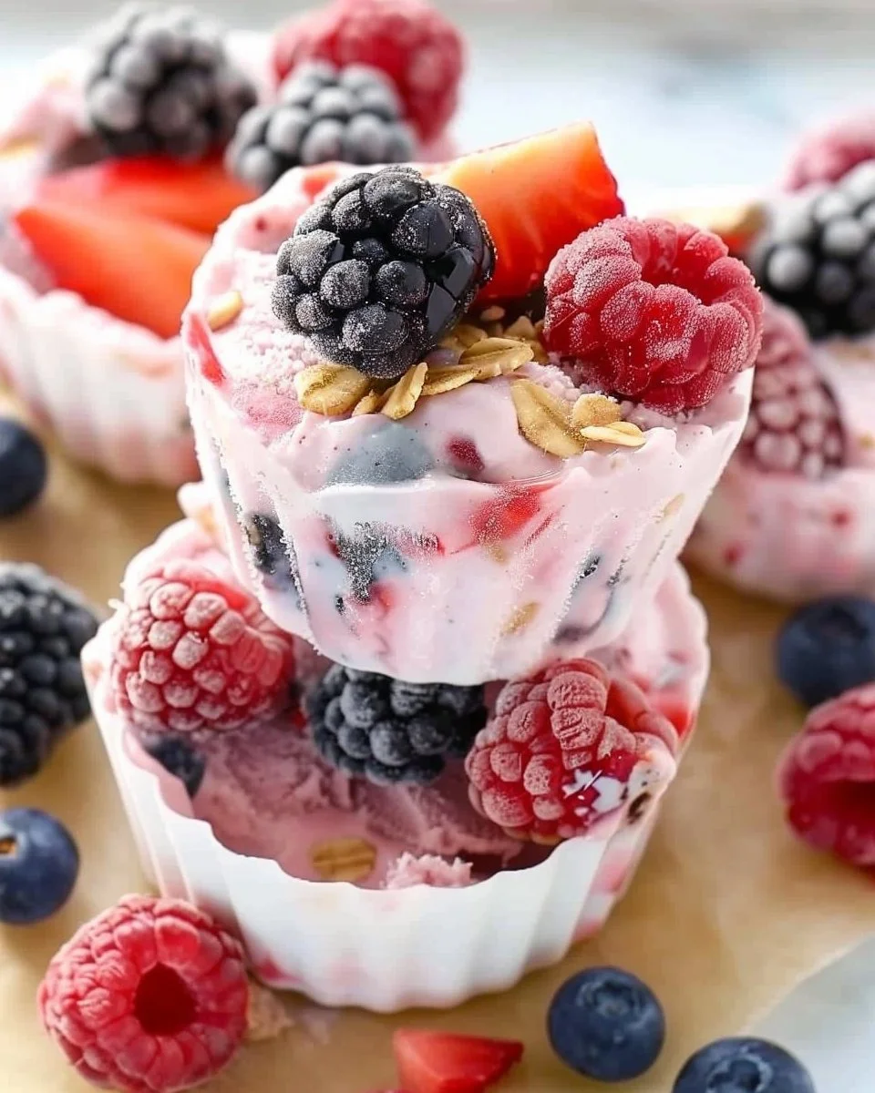 Delicious frozen yogurt bites topped with fresh fruit, a perfect summer treat.