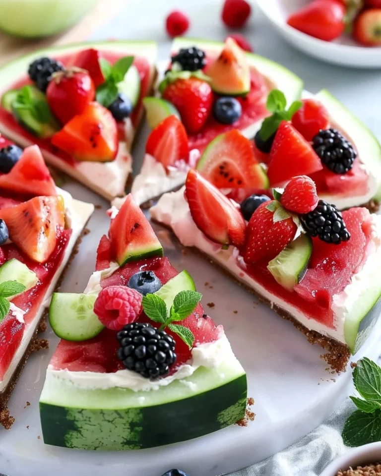 Fruit pizza with watermelon crust topped with assorted fresh fruits.