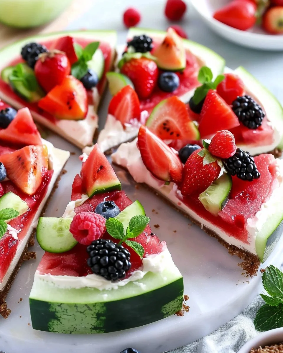 Fruit pizza with watermelon crust topped with assorted fresh fruits.