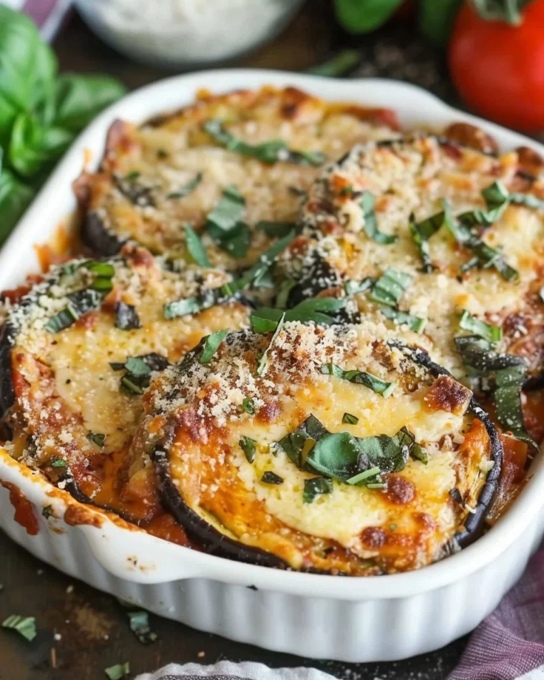 Gluten-free eggplant parmesan dish served with fresh basil and tomato sauce