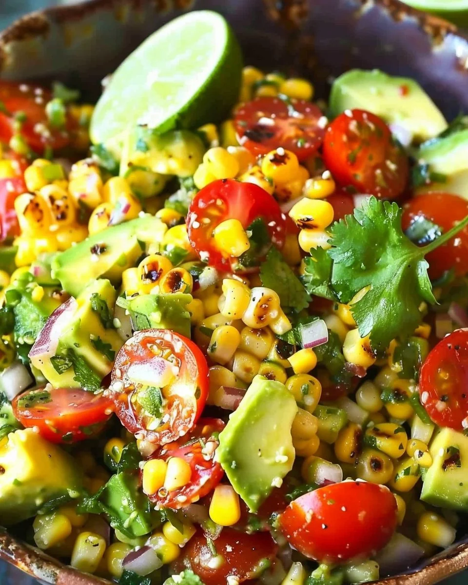 Grilled Corn, Tomato, and Avocado Salad served in a bowl