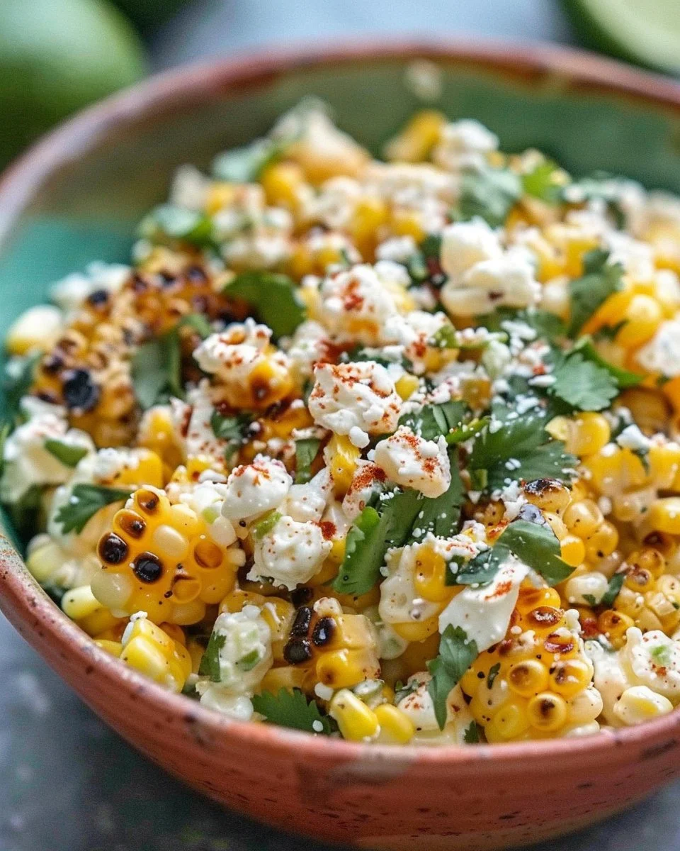 Grilled Mexican Street Corn Salad in a bowl topped with cilantro and cheese