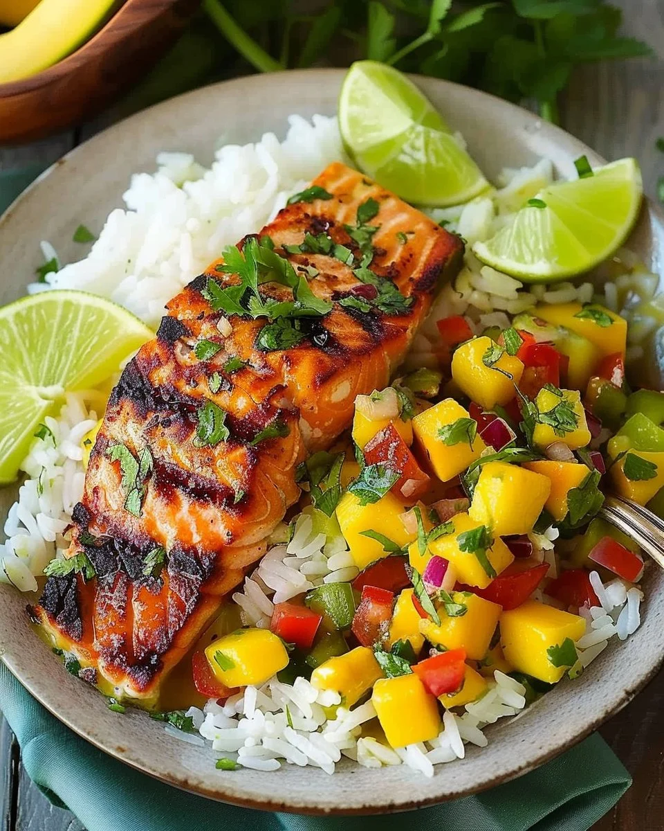 Grilled salmon with mango salsa and coconut rice on a plate