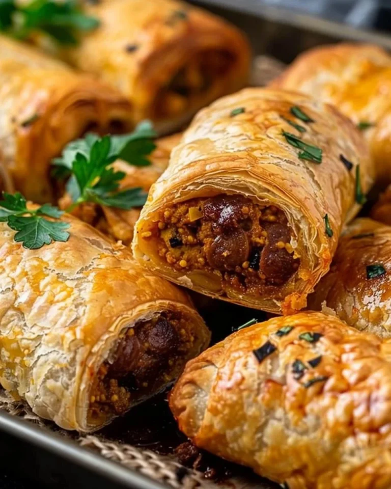 Delicious homemade curried sausage rolls on a plate